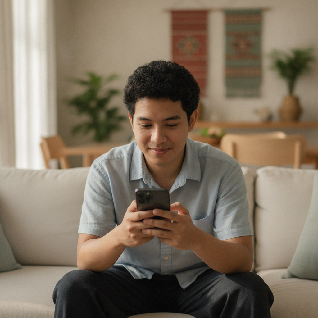 Filipino player holding smartphone ready to register and play at online casino